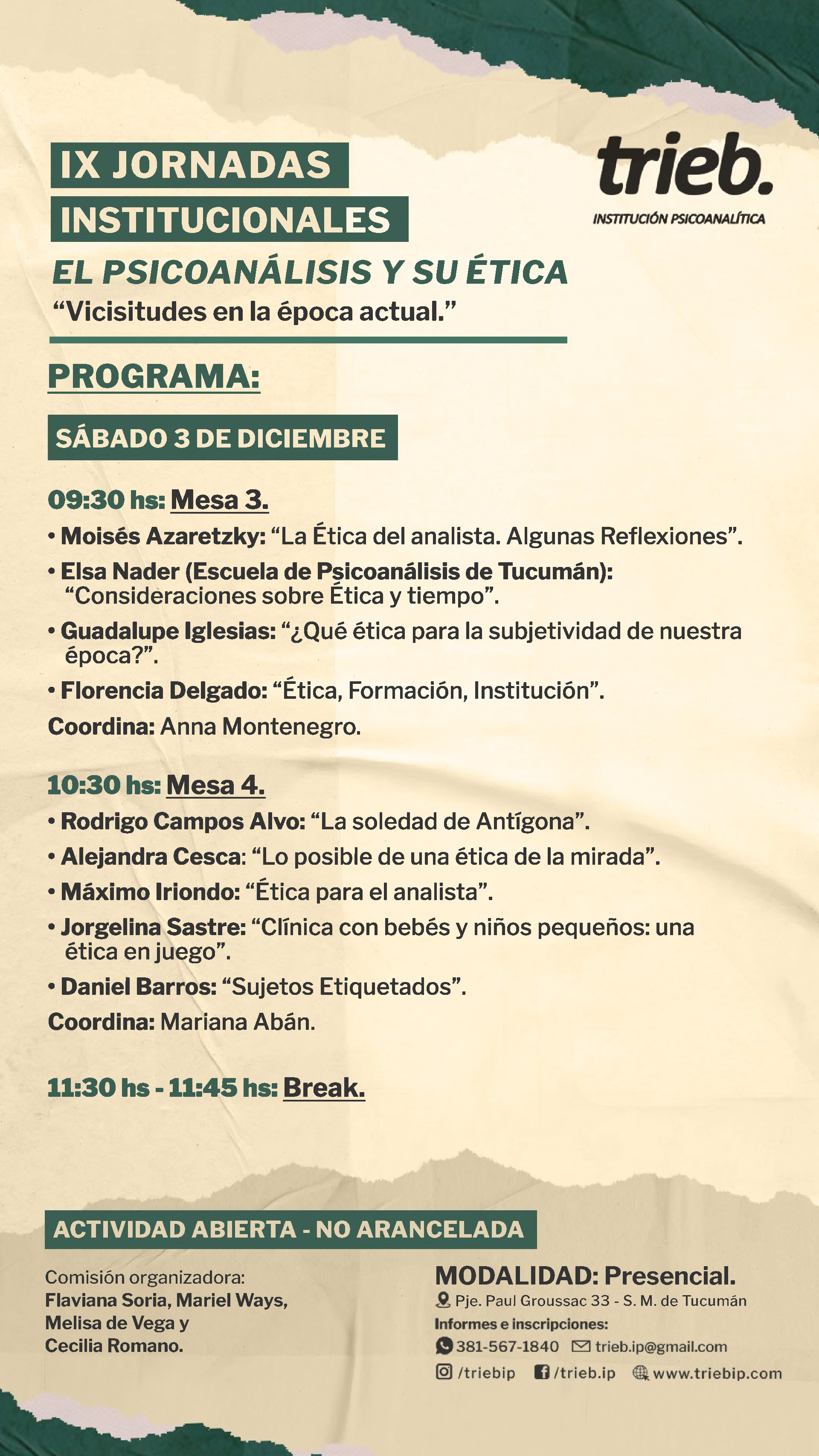 En este momento estás viendo IX JORNADAS INSTITUCIONALES: “PSICOANALISIS Y SU ÉTICA: Vicisitudes en la época actual” – PROGRAMA SÁBADO 03/12 (1)