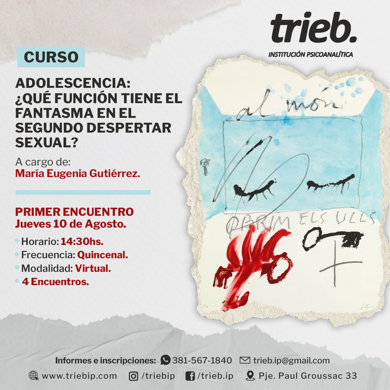 En este momento estás viendo Los invitamos a participar del CURSO «Adolescencia: que función tiene el fantasma en el segundo despertar sexual»